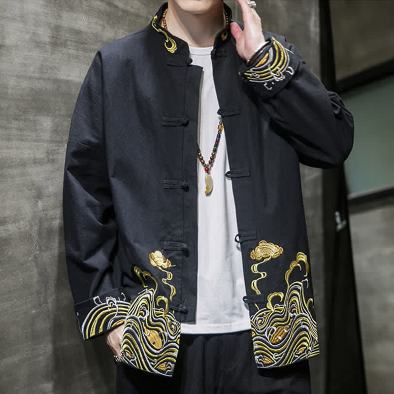 Buddha Stones Herbst-Winter-Herrenjacke im Tang-Stil mit Vintage-Froschknopfstickerei, Wolkenmuster und Baumwollmuster - image 12