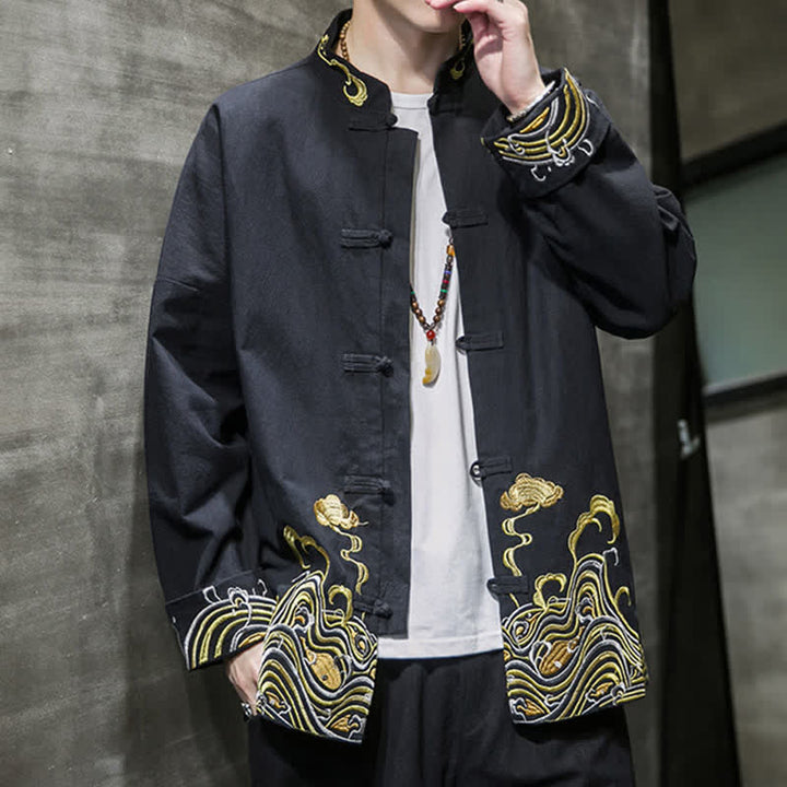 Buddha Stones Herbst-Winter-Herrenjacke im Tang-Stil mit Vintage-Froschknopfstickerei, Wolkenmuster und Baumwollmuster - image 14