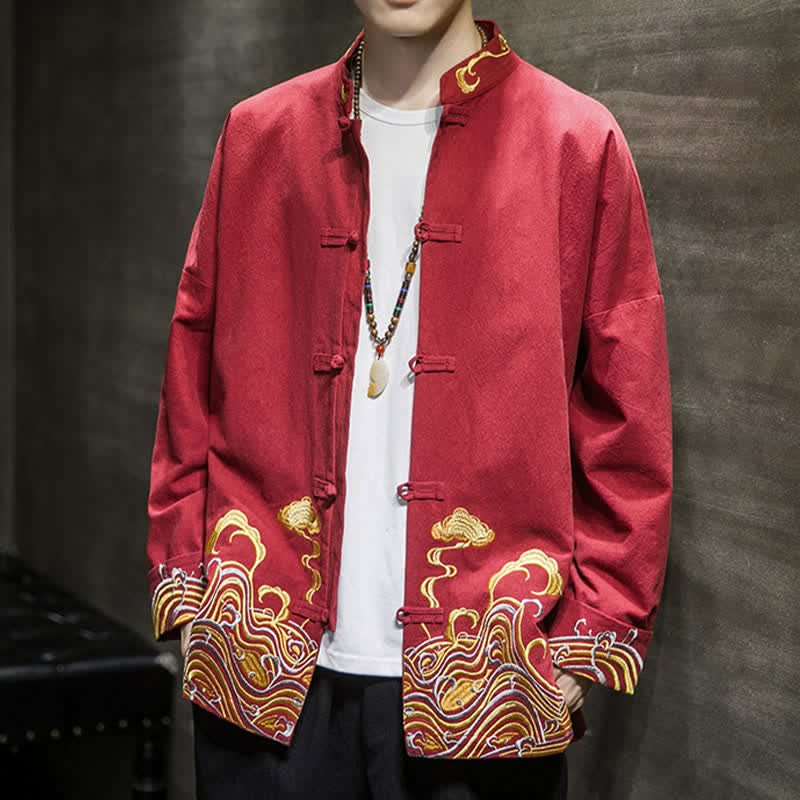 Buddha Stones Herbst-Winter-Herrenjacke im Tang-Stil mit Vintage-Froschknopfstickerei, Wolkenmuster und Baumwollmuster - image 8