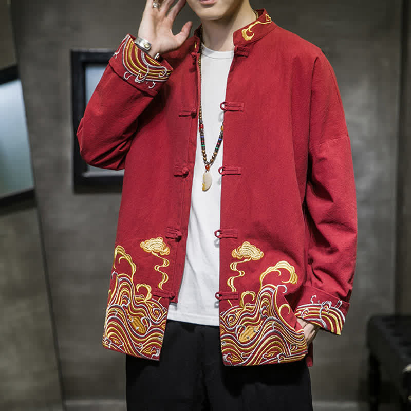 Buddha Stones Herbst-Winter-Herrenjacke im Tang-Stil mit Vintage-Froschknopfstickerei, Wolkenmuster und Baumwollmuster - image 4