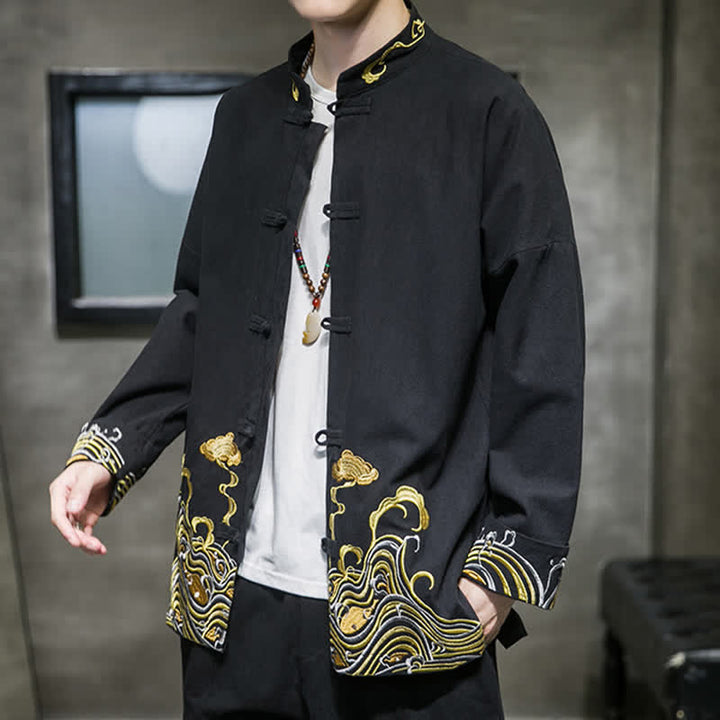 Buddha Stones Herbst-Winter-Herrenjacke im Tang-Stil mit Vintage-Froschknopfstickerei, Wolkenmuster und Baumwollmuster - image 17