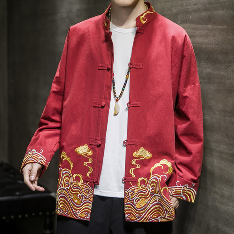 Buddha Stones Herbst-Winter-Herrenjacke im Tang-Stil mit Vintage-Froschknopfstickerei, Wolkenmuster und Baumwollmuster - image 7