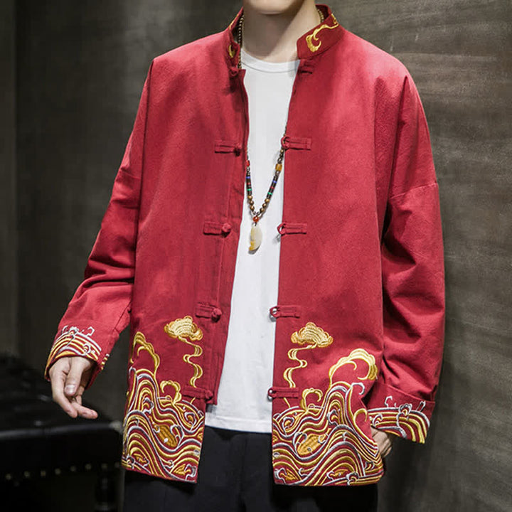 Buddha Stones Herbst-Winter-Herrenjacke im Tang-Stil mit Vintage-Froschknopfstickerei, Wolkenmuster und Baumwollmuster - image 7