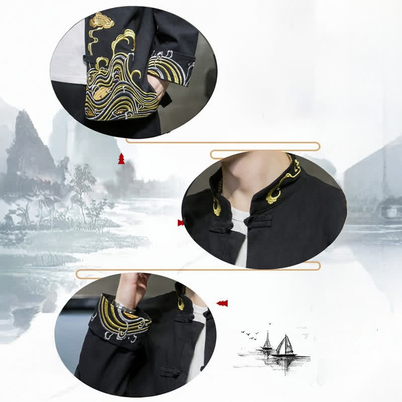 Buddha Stones Herbst-Winter-Herrenjacke im Tang-Stil mit Vintage-Froschknopfstickerei, Wolkenmuster und Baumwollmuster - image 20