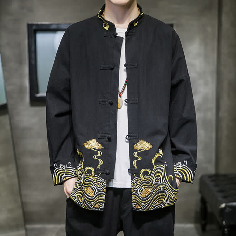 Buddha Stones Herbst-Winter-Herrenjacke im Tang-Stil mit Vintage-Froschknopfstickerei, Wolkenmuster und Baumwollmuster - image 11