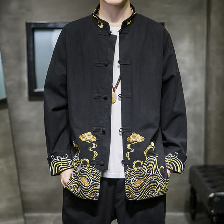 Buddha Stones Herbst-Winter-Herrenjacke im Tang-Stil mit Vintage-Froschknopfstickerei, Wolkenmuster und Baumwollmuster - image 11