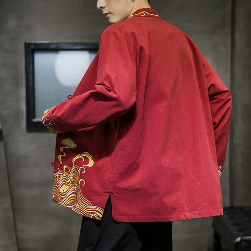 Buddha Stones Herbst-Winter-Herrenjacke im Tang-Stil mit Vintage-Froschknopfstickerei, Wolkenmuster und Baumwollmuster - image 3