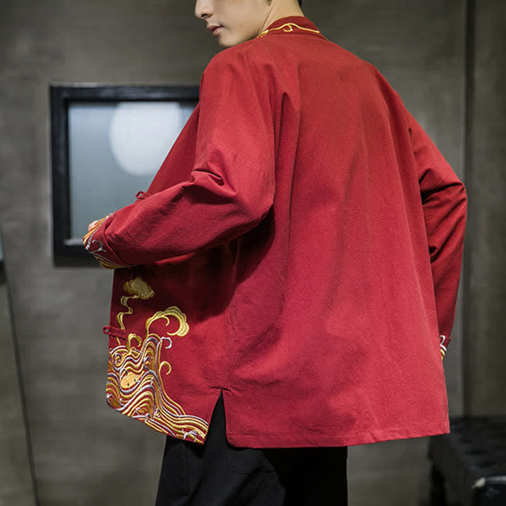 Buddha Stones Herbst-Winter-Herrenjacke im Tang-Stil mit Vintage-Froschknopfstickerei, Wolkenmuster und Baumwollmuster - image 3