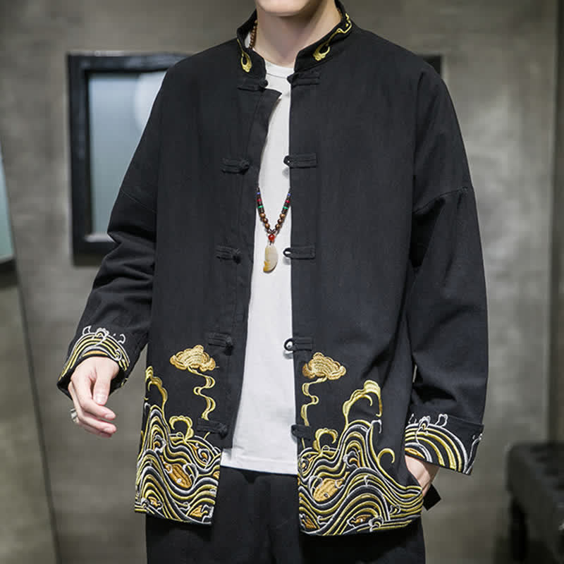 Buddha Stones Herbst-Winter-Herrenjacke im Tang-Stil mit Vintage-Froschknopfstickerei, Wolkenmuster und Baumwollmuster - image 18