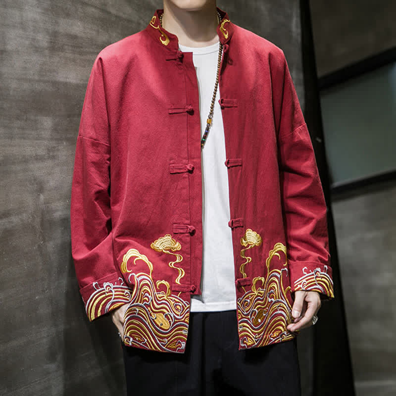 Buddha Stones Herbst-Winter-Herrenjacke im Tang-Stil mit Vintage-Froschknopfstickerei, Wolkenmuster und Baumwollmuster - image 6