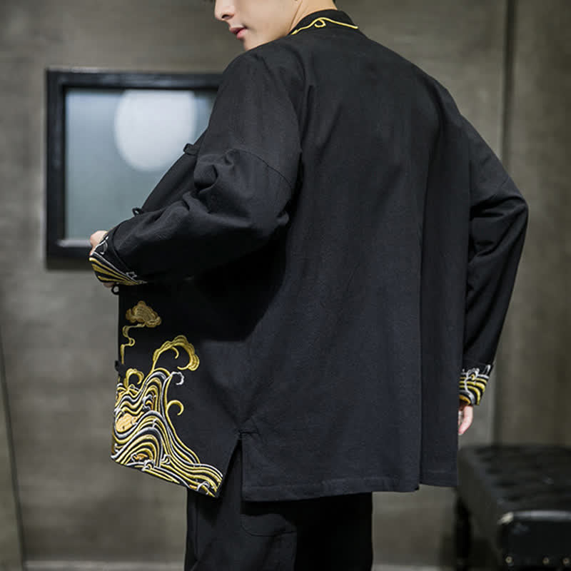 Buddha Stones Herbst-Winter-Herrenjacke im Tang-Stil mit Vintage-Froschknopfstickerei, Wolkenmuster und Baumwollmuster - image 13