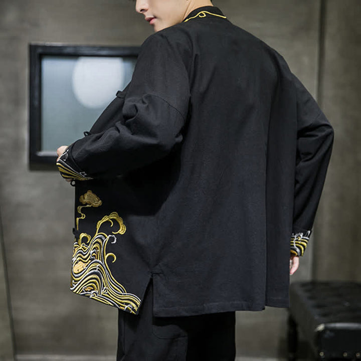 Buddha Stones Herbst-Winter-Herrenjacke im Tang-Stil mit Vintage-Froschknopfstickerei, Wolkenmuster und Baumwollmuster - image 13