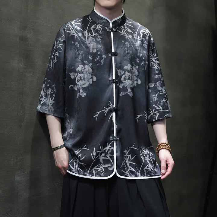 Buddha Stones Vintage-Herrenhemd im Tang-Stil mit Stehkragen und Bambusprint, Ellbogenlänge, für Frühling und Sommer - Schwarz - US/ UK/AU46, EU56 (5XL) - image 10
