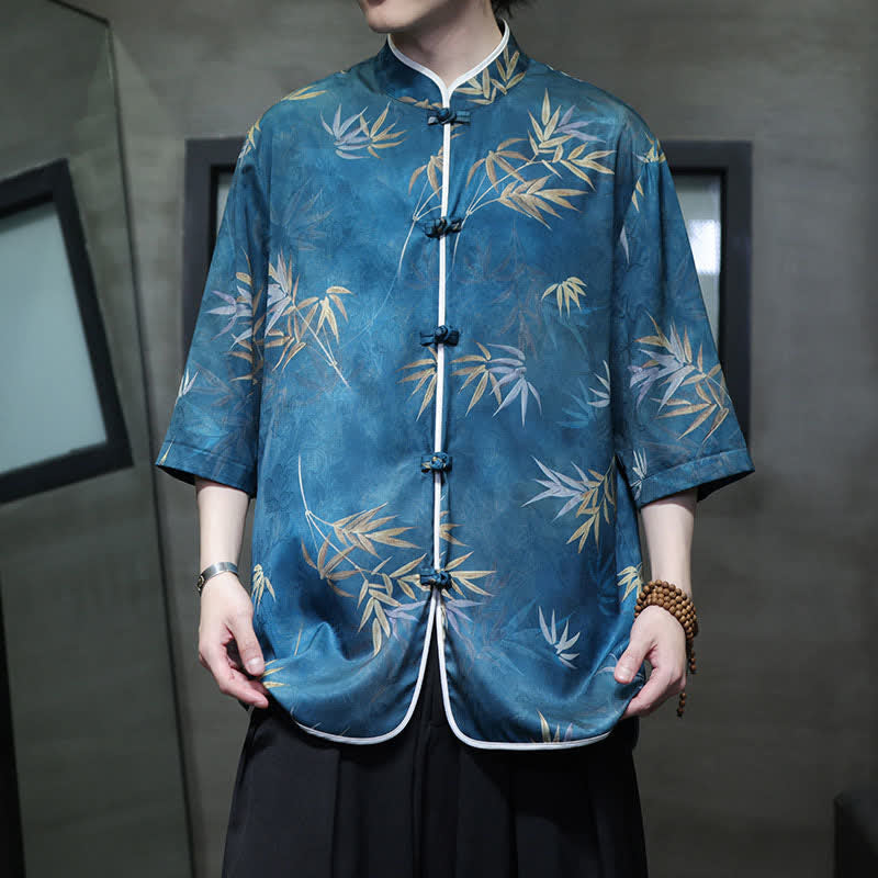 Buddha Stones Vintage-Herrenhemd im Tang-Stil mit Stehkragen und Bambusprint, Ellbogenlänge, für Frühling und Sommer - Himmelblau - US/ UK/AU46, EU56 (5XL) - image 18