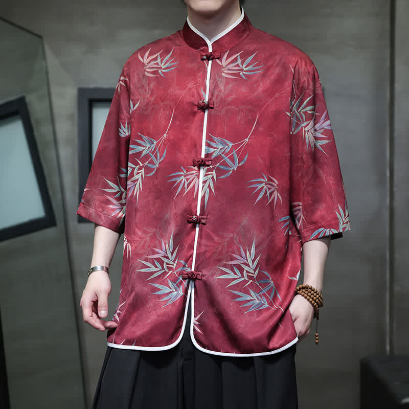 Buddha Stones Vintage-Herrenhemd im Tang-Stil mit Stehkragen und Bambusprint, Ellbogenlänge, für Frühling und Sommer - Feuerfestziegel - US/ UK/AU46, EU56 (5XL) - image 0