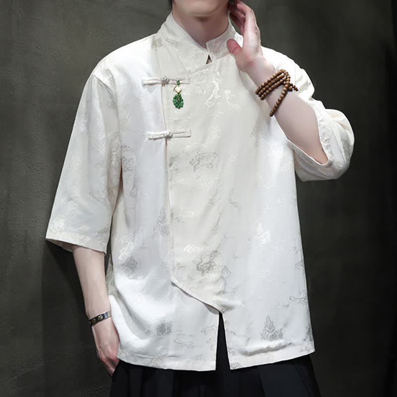 Buddha Stones Elegantes Herrenhemd im Spring Tang Style mit Stehkragen, Froschknopfleiste und Ellbogenlänge. - image 1