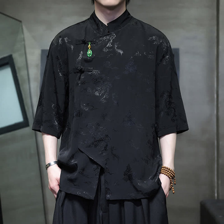 Buddha Stones Elegantes Herrenhemd im Spring Tang Style mit Stehkragen, Froschknopfleiste und Ellbogenlänge. - Schwarz - US/ UK/AU46, EU56 (5XL) - image 9