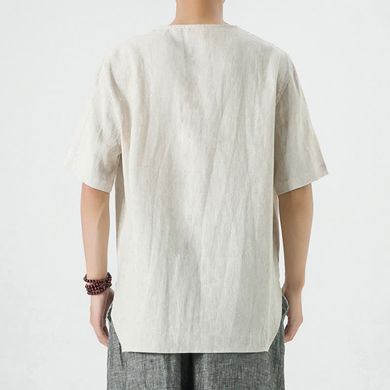 Buddha Stones Lässiges, minimalistisches Sommerhemd für Herren aus Leinen mit Seitenschlitz, Rundhalsausschnitt und kurzen Ärmeln – einfarbig, mit Rundhalsausschnitt - image 4
