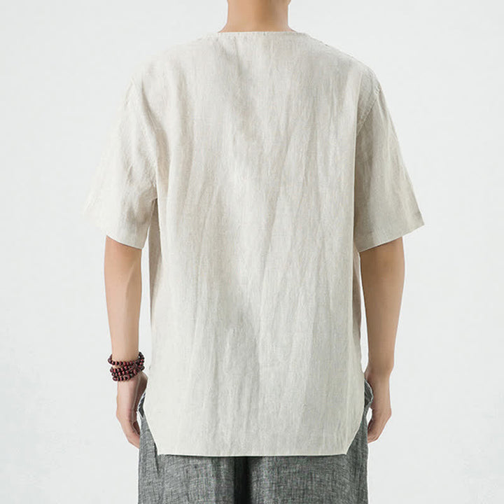 Buddha Stones Lässiges, minimalistisches Sommerhemd für Herren aus Leinen mit Seitenschlitz, Rundhalsausschnitt und kurzen Ärmeln – einfarbig, mit Rundhalsausschnitt - image 4