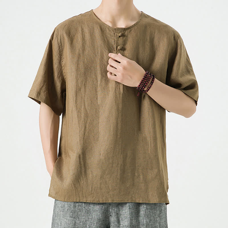 Buddha Stones Lässiges, minimalistisches Sommerhemd für Herren aus Leinen mit Seitenschlitz, Rundhalsausschnitt und kurzen Ärmeln – einfarbig, mit Rundhalsausschnitt - image 33