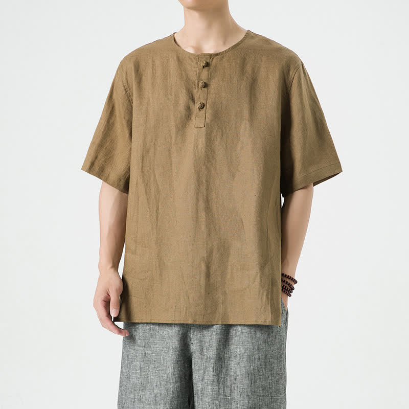 Buddha Stones Lässiges, minimalistisches Sommerhemd für Herren aus Leinen mit Seitenschlitz, Rundhalsausschnitt und kurzen Ärmeln – einfarbig, mit Rundhalsausschnitt - image 40