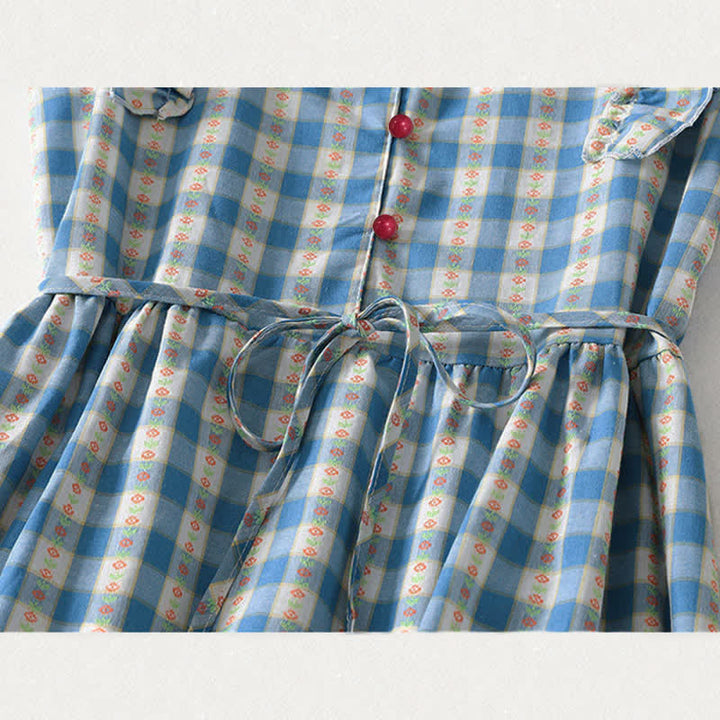 Buddha Stones Sommerliches, ärmelloses Damen-Sommerkleid mit Knopfleiste, Kordelzug und Taschen in Vichy-Karo-Optik - image 8