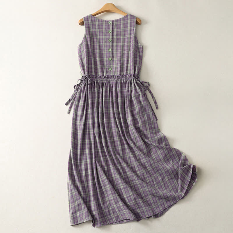 Buddha Stones Sommerliches Vintage-Kleid für Damen aus kariertem Baumwollstoff mit Kordelzug in der Taille, Knopfleiste und Taschen - image 1