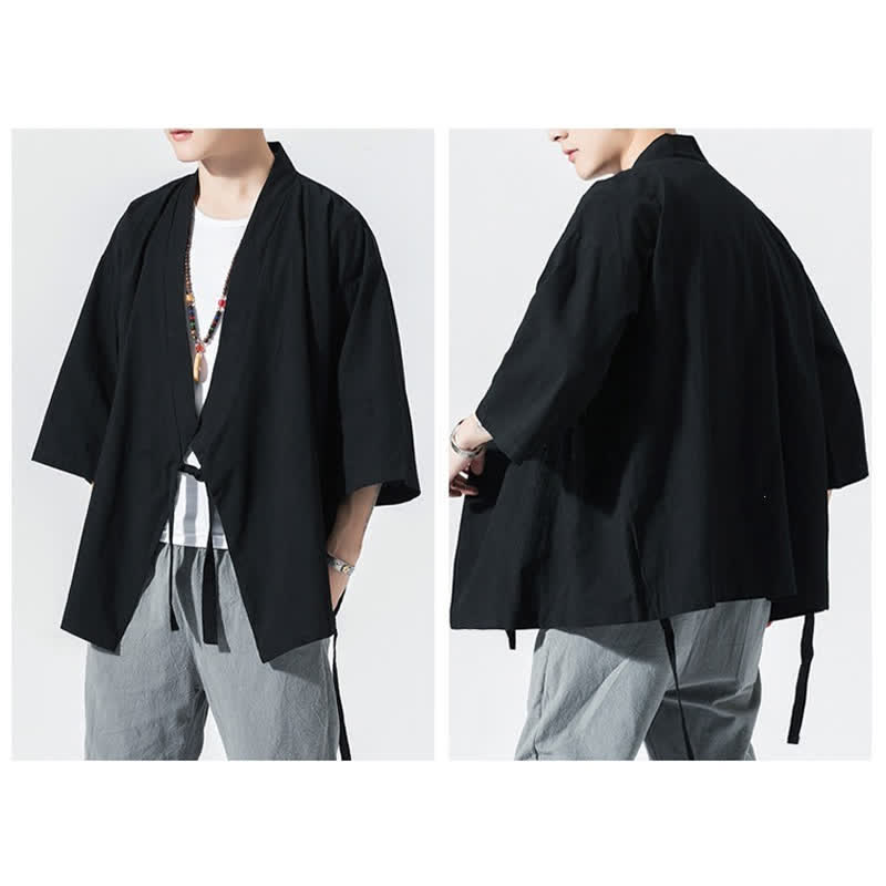 Buddha Stones Lässiger, minimalistischer Sommerkimono für Herren mit Kordelzug, einfarbig, ellbogenlangen Ärmeln. - image 13
