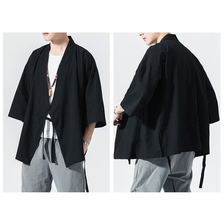 Buddha Stones Lässiger, minimalistischer Sommerkimono für Herren mit Kordelzug, einfarbig, ellbogenlangen Ärmeln. - image 13