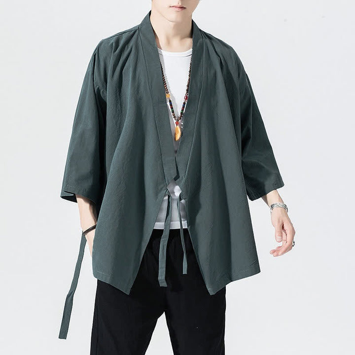 Buddha Stones Lässiger, minimalistischer Sommerkimono für Herren mit Kordelzug, einfarbig, ellbogenlangen Ärmeln. - image 1
