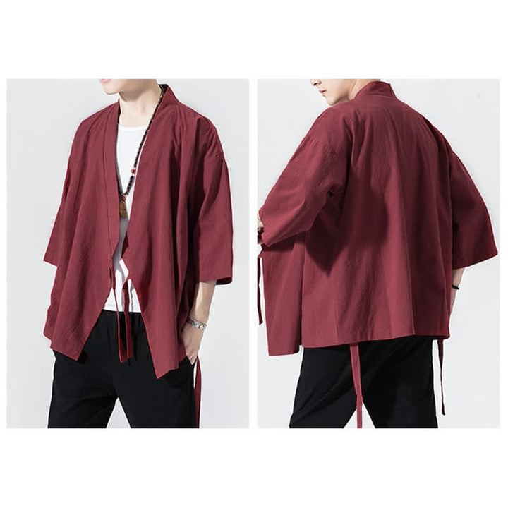 Buddha Stones Lässiger, minimalistischer Sommerkimono für Herren mit Kordelzug, einfarbig, ellbogenlangen Ärmeln. - image 25