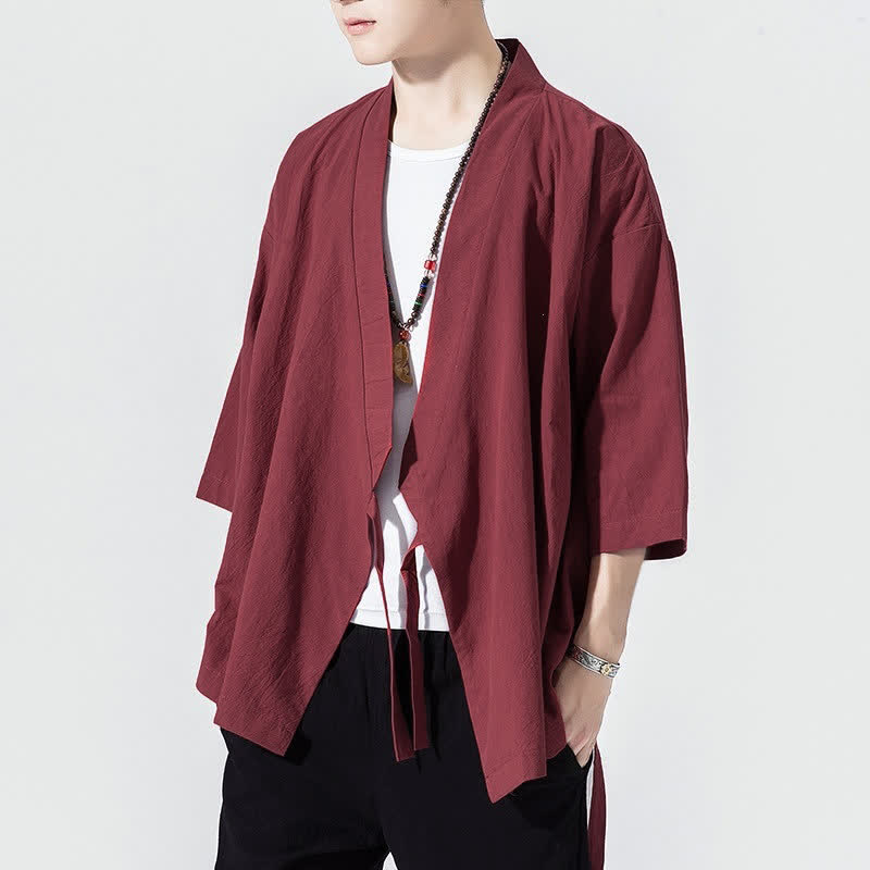 Buddha Stones Lässiger, minimalistischer Sommerkimono für Herren mit Kordelzug, einfarbig, ellbogenlangen Ärmeln. - Feuerfestziegel - US/UK/AU46, EU56 (5XL) - image 19