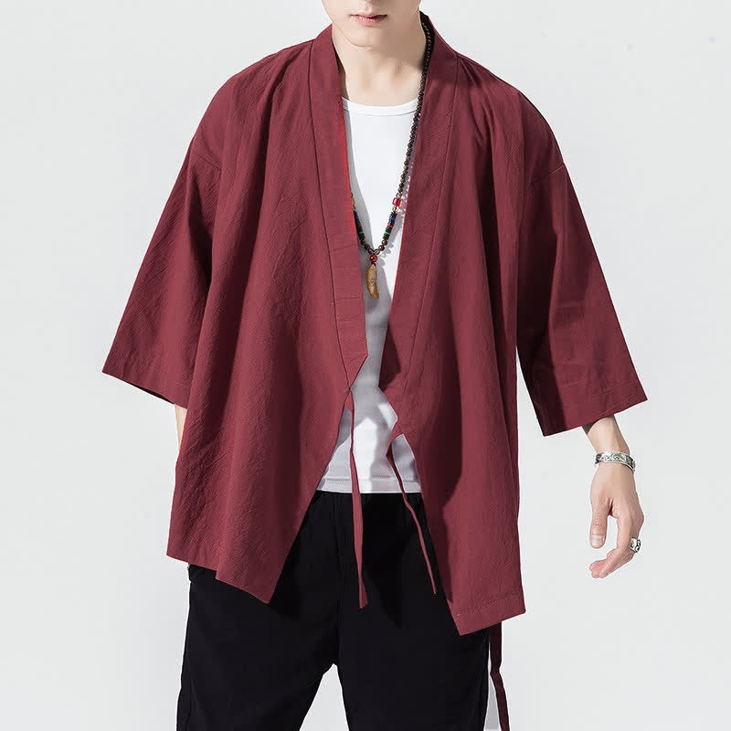 Buddha Stones Lässiger, minimalistischer Sommerkimono für Herren mit Kordelzug, einfarbig, ellbogenlangen Ärmeln. - image 20