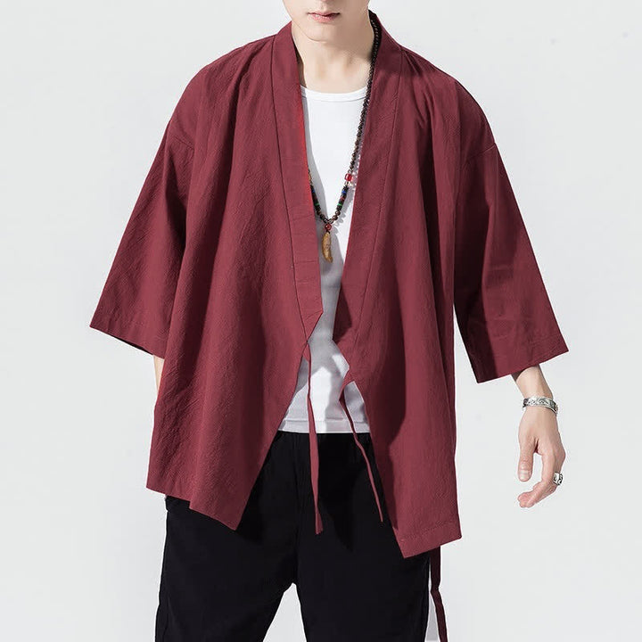 Buddha Stones Lässiger, minimalistischer Sommerkimono für Herren mit Kordelzug, einfarbig, ellbogenlangen Ärmeln. - image 20