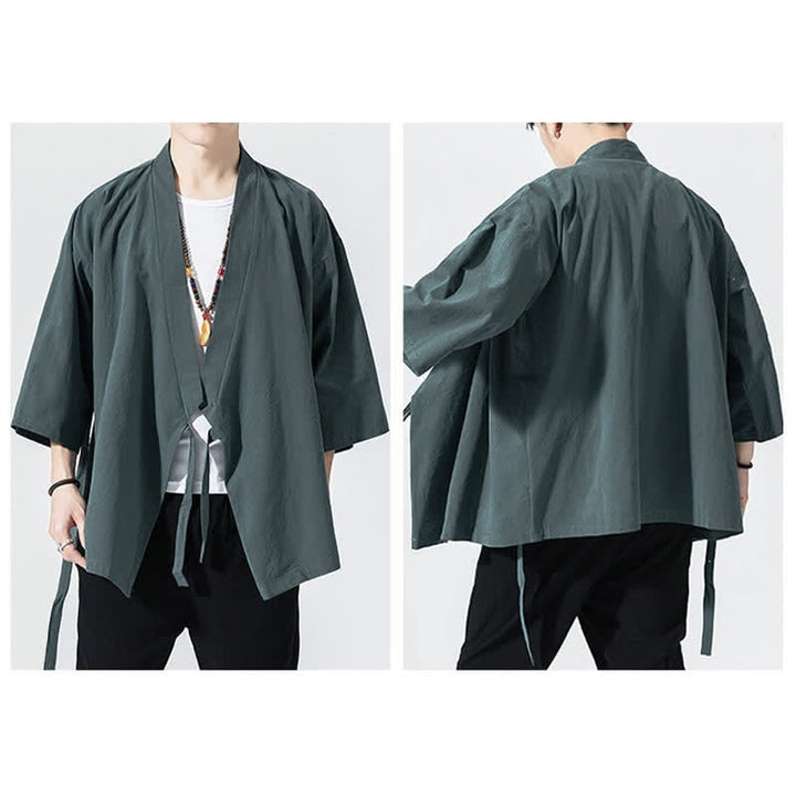 Buddha Stones Lässiger, minimalistischer Sommerkimono für Herren mit Kordelzug, einfarbig, ellbogenlangen Ärmeln. - image 4