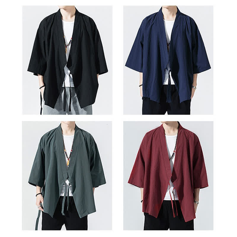 Buddha Stones Lässiger, minimalistischer Sommerkimono für Herren mit Kordelzug, einfarbig, ellbogenlangen Ärmeln. - image 26