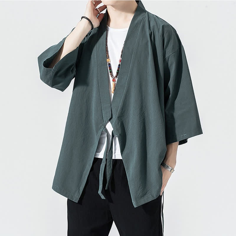 Buddha Stones Lässiger, minimalistischer Sommerkimono für Herren mit Kordelzug, einfarbig, ellbogenlangen Ärmeln. - image 2