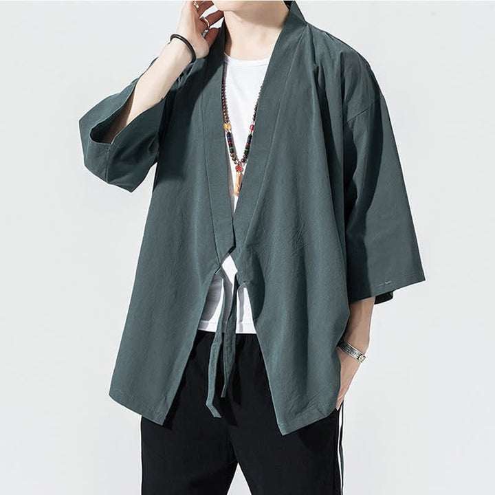 Buddha Stones Lässiger, minimalistischer Sommerkimono für Herren mit Kordelzug, einfarbig, ellbogenlangen Ärmeln. - image 2