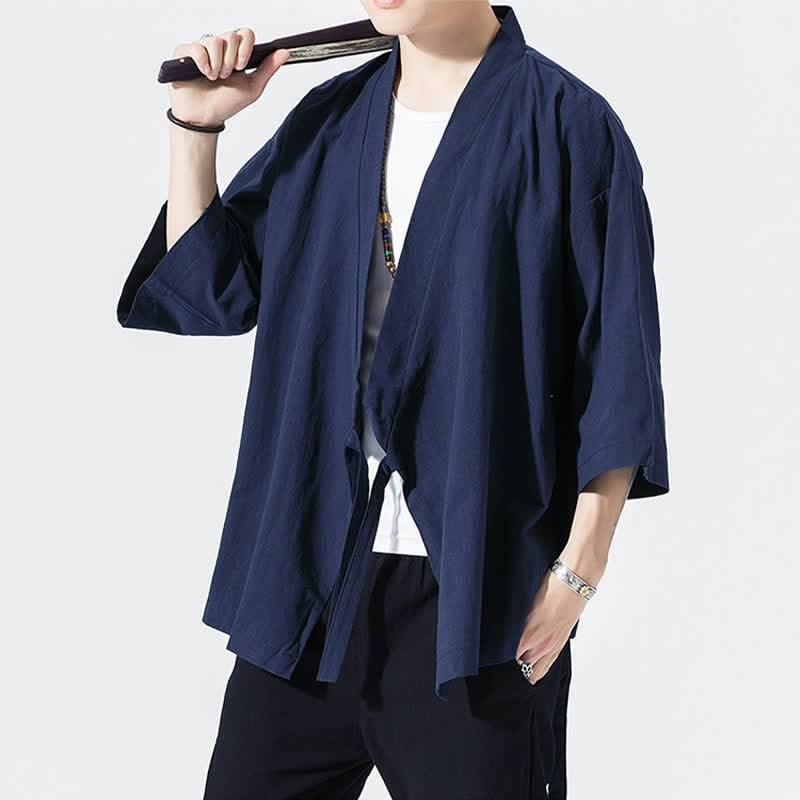 Buddha Stones Lässiger, minimalistischer Sommerkimono für Herren mit Kordelzug, einfarbig, ellbogenlangen Ärmeln. - image 17