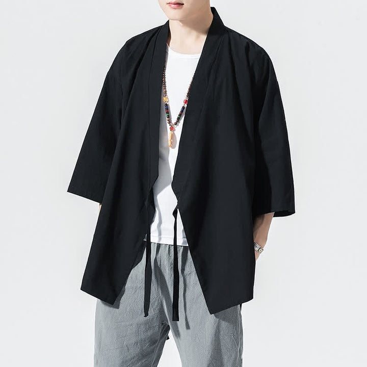 Buddha Stones Lässiger, minimalistischer Sommerkimono für Herren mit Kordelzug, einfarbig, ellbogenlangen Ärmeln. - Schwarz - US/UK/AU46, EU56 (5XL) - image 5