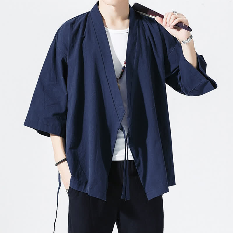 Buddha Stones Lässiger, minimalistischer Sommerkimono für Herren mit Kordelzug, einfarbig, ellbogenlangen Ärmeln. - image 15