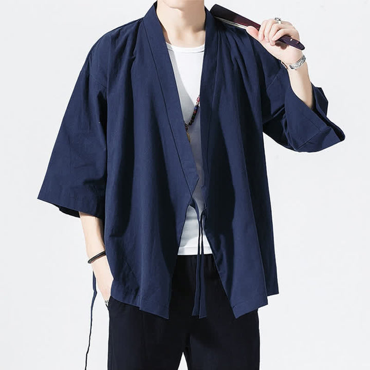 Buddha Stones Lässiger, minimalistischer Sommerkimono für Herren mit Kordelzug, einfarbig, ellbogenlangen Ärmeln. - image 15