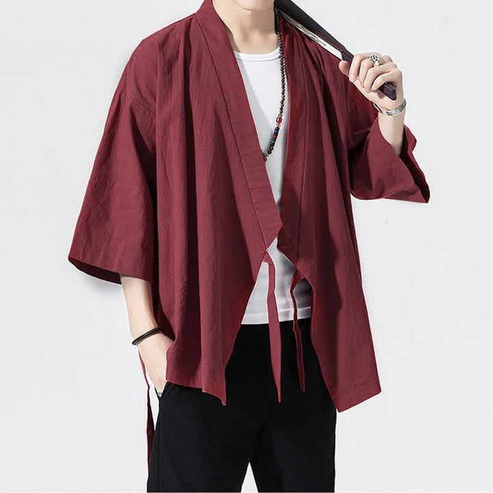 Buddha Stones Lässiger, minimalistischer Sommerkimono für Herren mit Kordelzug, einfarbig, ellbogenlangen Ärmeln. - image 22