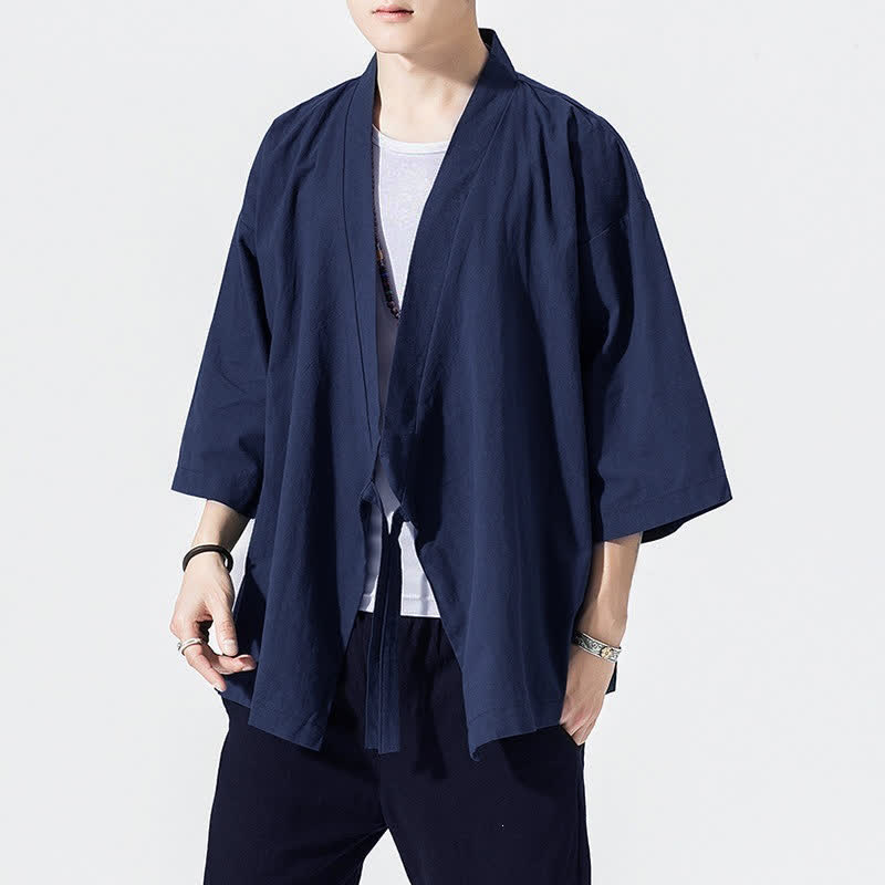 Buddha Stones Lässiger, minimalistischer Sommerkimono für Herren mit Kordelzug, einfarbig, ellbogenlangen Ärmeln. - Mitternachtsblau - US/UK/AU46, EU56 (5XL) - image 14