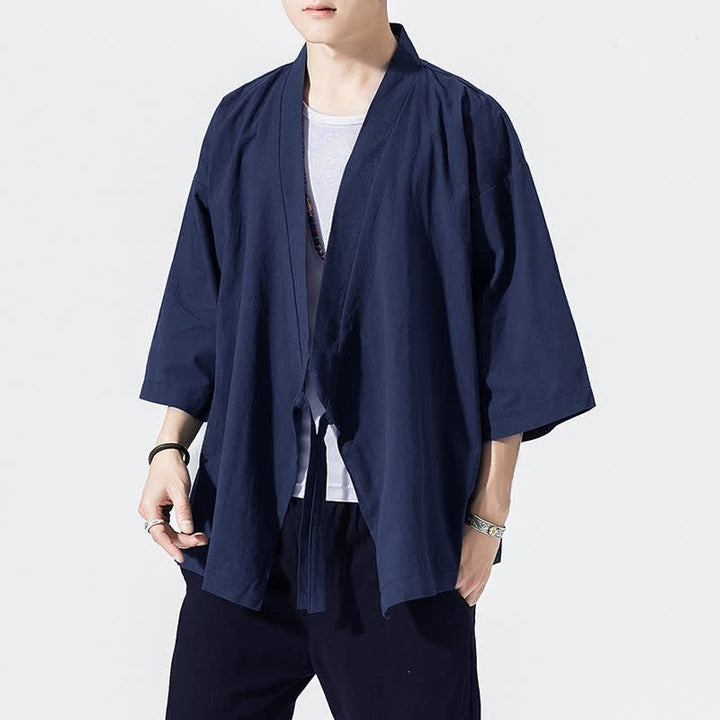Buddha Stones Lässiger, minimalistischer Sommerkimono für Herren mit Kordelzug, einfarbig, ellbogenlangen Ärmeln. - Mitternachtsblau - US/UK/AU46, EU56 (5XL) - image 14