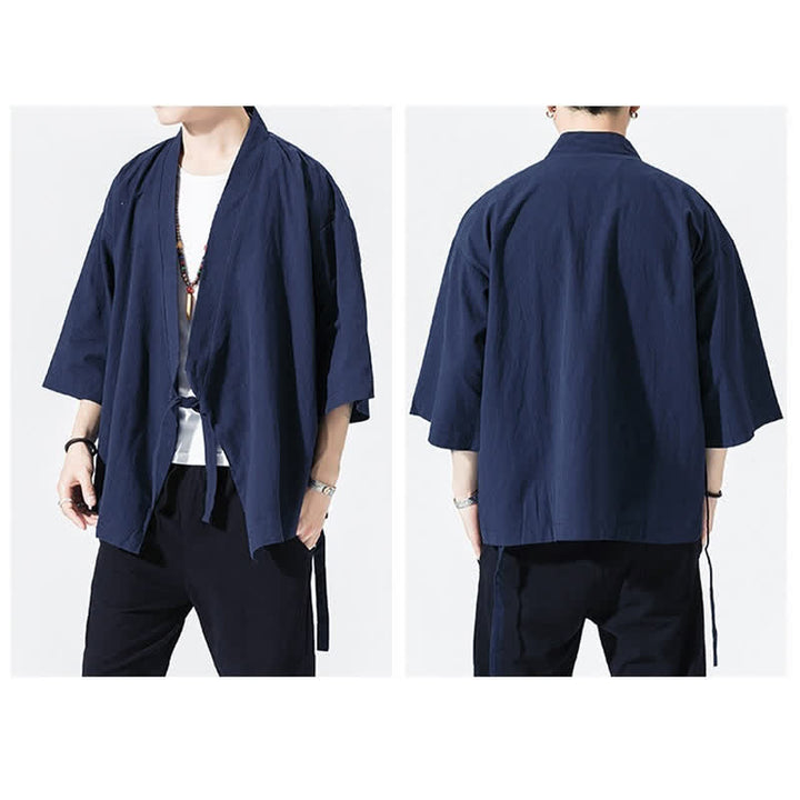 Buddha Stones Lässiger, minimalistischer Sommerkimono für Herren mit Kordelzug, einfarbig, ellbogenlangen Ärmeln. - image 18