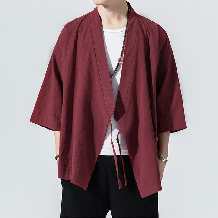 Buddha Stones Lässiger, minimalistischer Sommerkimono für Herren mit Kordelzug, einfarbig, ellbogenlangen Ärmeln. - image 24