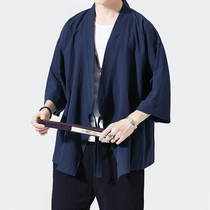 Buddha Stones Lässiger, minimalistischer Sommerkimono für Herren mit Kordelzug, einfarbig, ellbogenlangen Ärmeln. - image 16