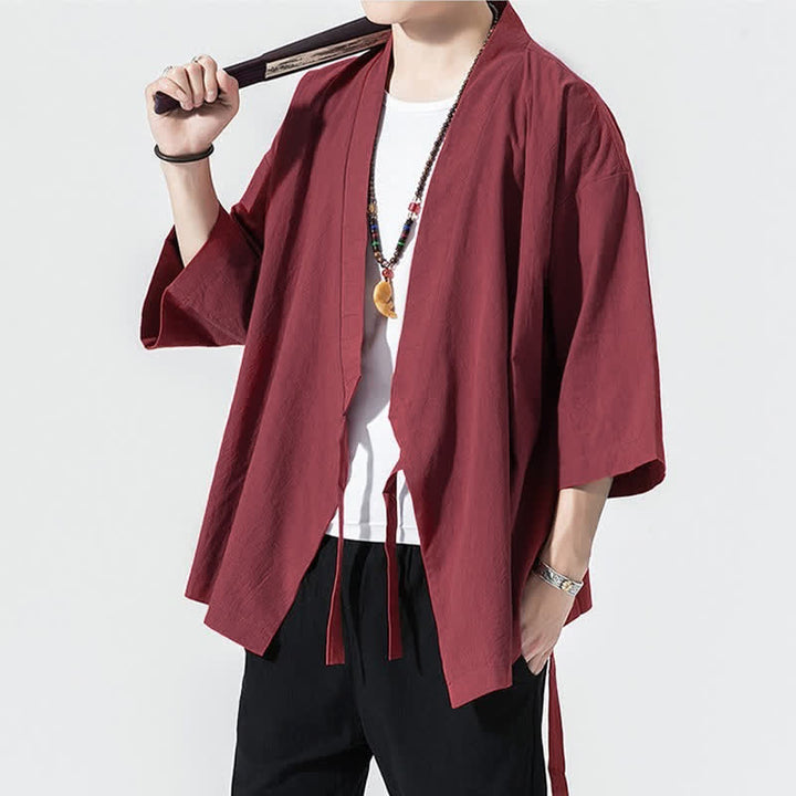 Buddha Stones Lässiger, minimalistischer Sommerkimono für Herren mit Kordelzug, einfarbig, ellbogenlangen Ärmeln. - image 21