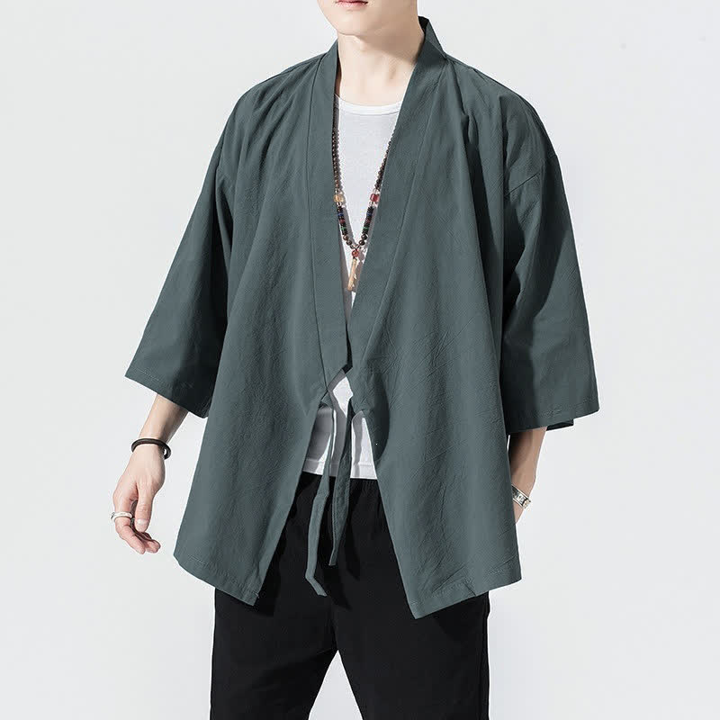 Buddha Stones Lässiger, minimalistischer Sommerkimono für Herren mit Kordelzug, einfarbig, ellbogenlangen Ärmeln. - Kadettenblau - US/UK/AU46, EU56 (5XL) - image 0